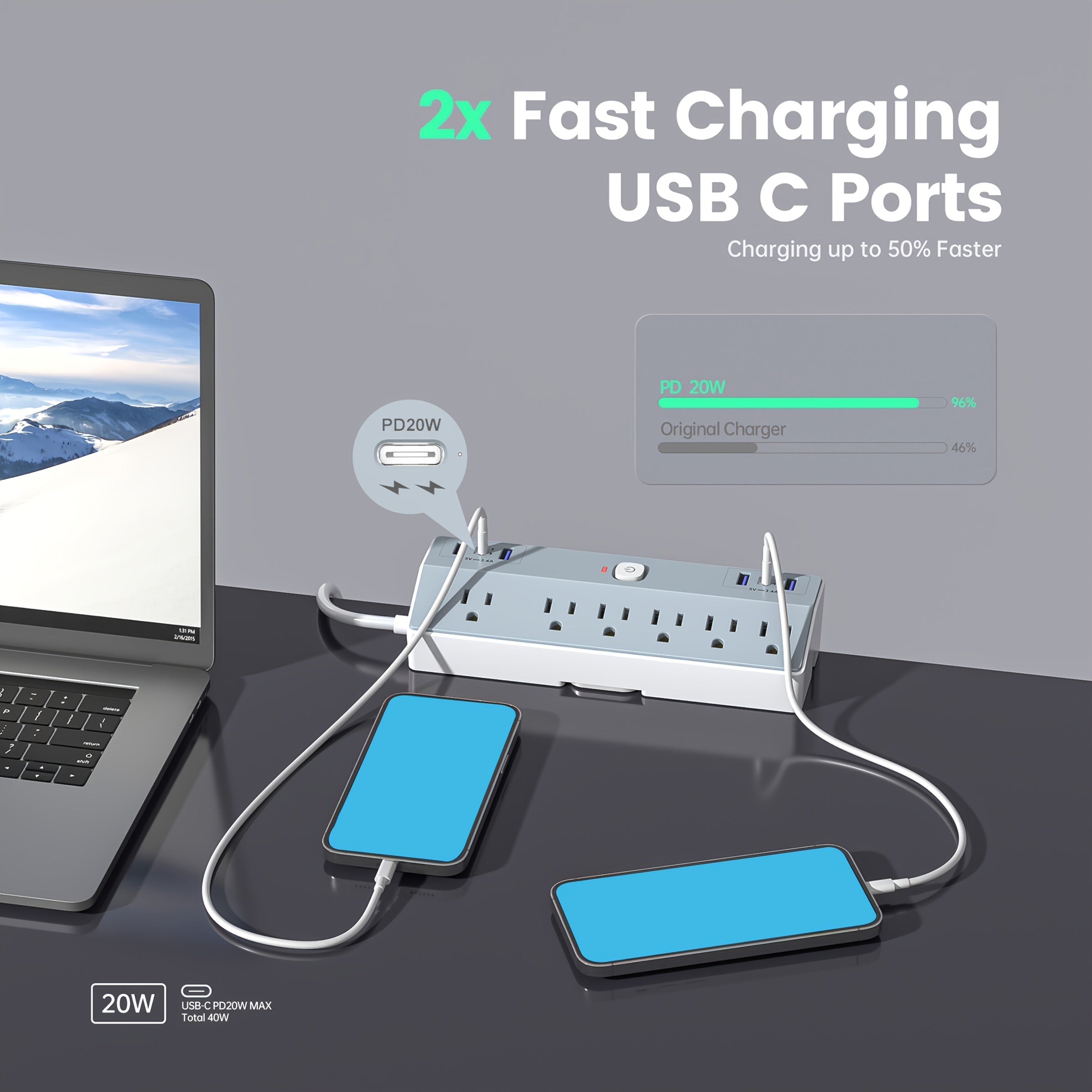 Desk Clamp Power Strip 12-in-1 Surge Protector with 6 Outlets 4 USB-A 2 USB-C PD 20W 40W Fast Charging Desktop Mount Flat Plug for Home Office Tabletop