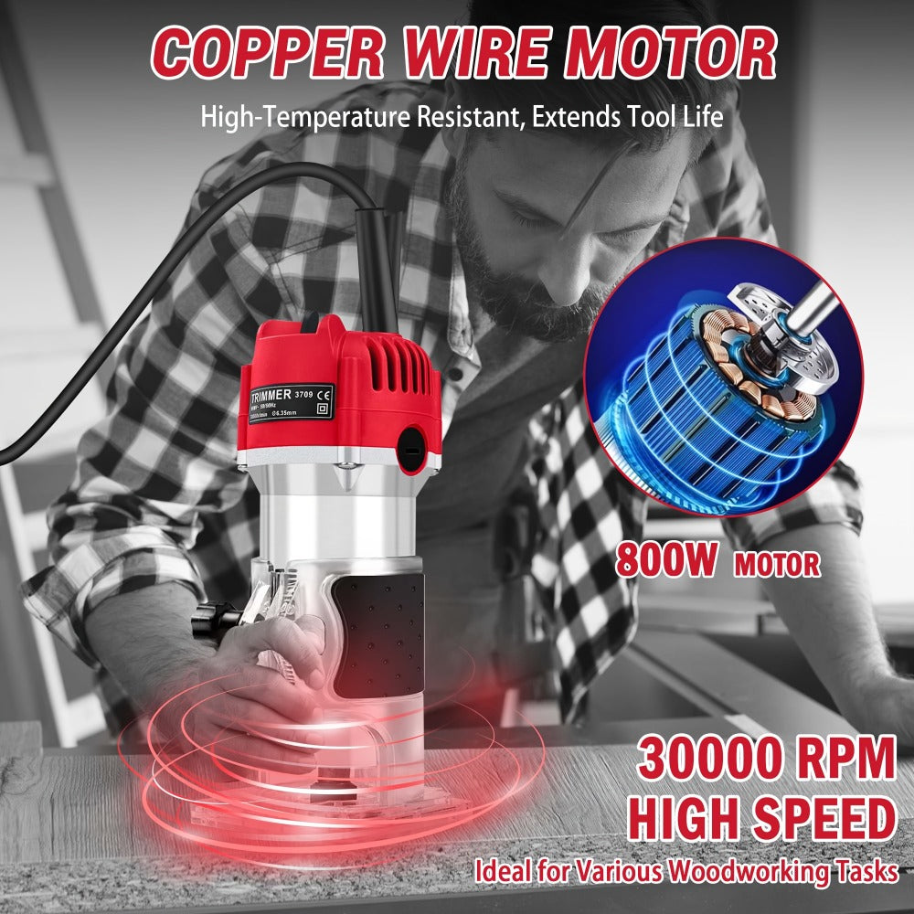 Wood Router 800W Compact Electric Router Tool - 30000 RPM with 15pcs 1/4¡± Router Bits for Woodworking, Trimming, Carving & Engraving
