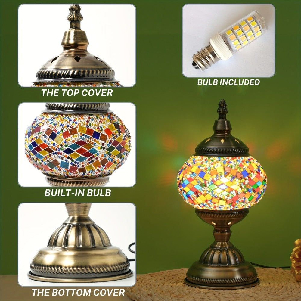 Mosaic Table Lamp Handcrafted Turkish Glass Bedside Lamp 3-Color Dimmable with Metal Base Bulb Included
