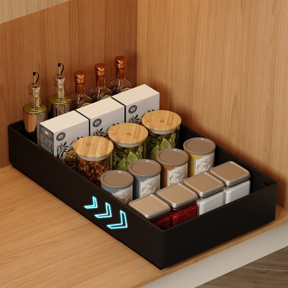 Pull-Out Cabinet Organizer 2-Pack Retractable Slide-Out Storage Bins No Drill Removable Kitchen Pantry Bathroom Shelf Organizer Boho Style Plastic Drawer Basket