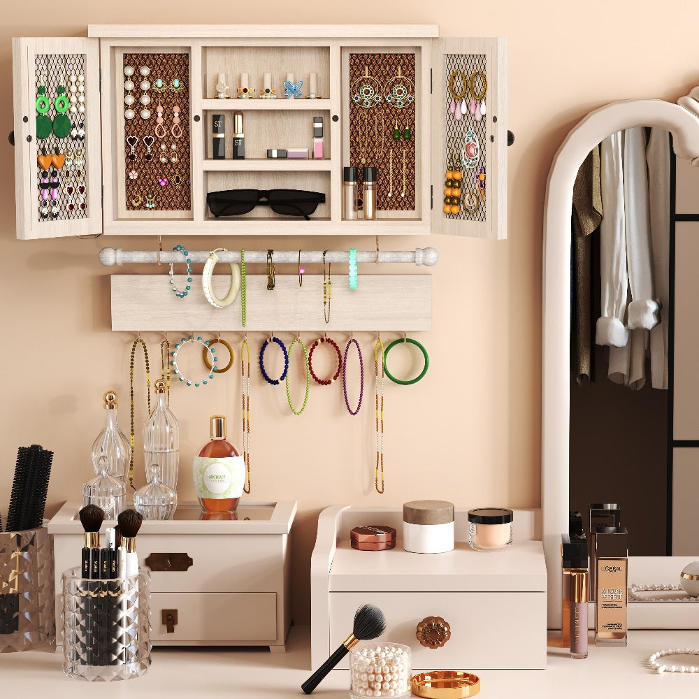 Wall-Mounted Wood Jewelry Organizer ¨C Rustic Hanging Display Shelf with Removable Bracelet Rod & Hooks for Necklaces, Rings & Bracelets, Space-Saving Dressing Room Decor