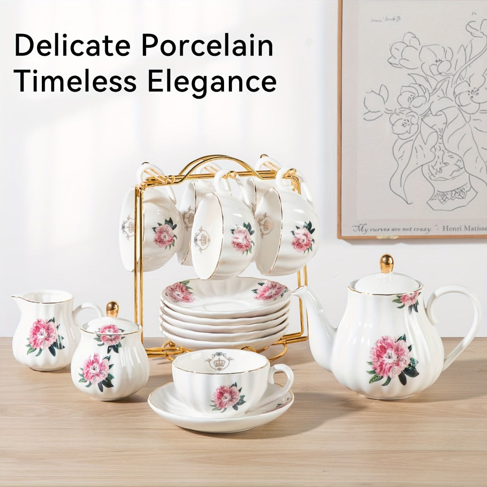 Porcelain Tea Set Service for 6 British Royal Floral Design with Teapot Sugar Bowl Cream Pitcher Teaspoons Tea Strainer 8oz Cups Saucers for High Tea Wedding Party Gift