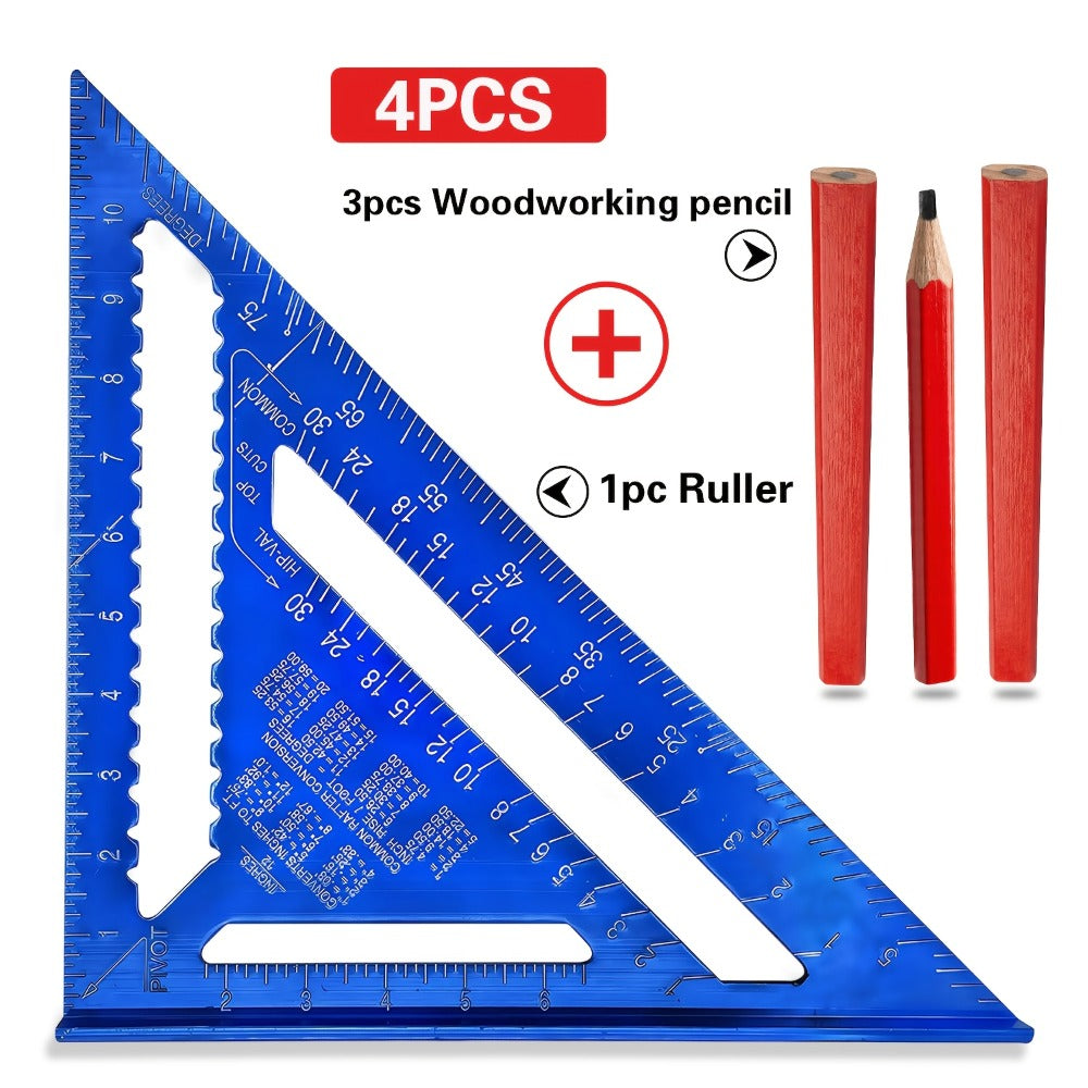 Aluminum Triangle Square Ruler 12 Inch Woodworking Angle Measuring Marking Tool with Protractor and Metric Scale for DIY Home Improvement