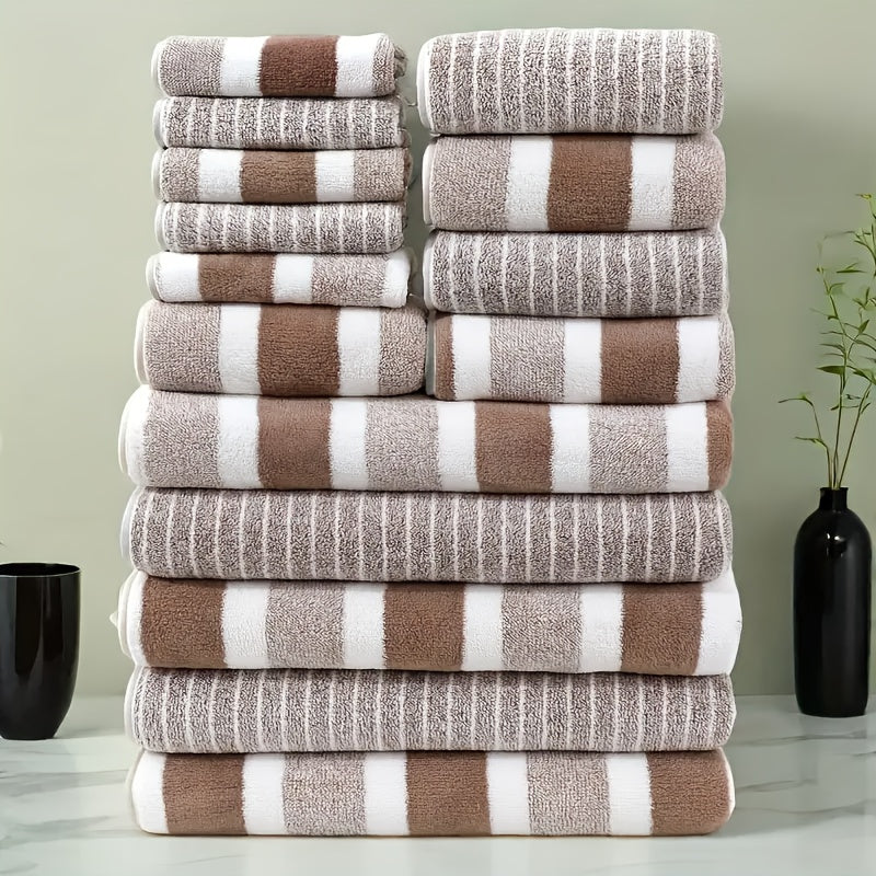 Coral Fleece Towel Set 9 or 15 Piece No Hair Loss 320GSM - Super Soft Absorbent Two-Color Striped | 2 Bath 2 Face 5 Hand Towels | Gray Brown Red Green Blue Mixed | Bathroom Beach Essentials