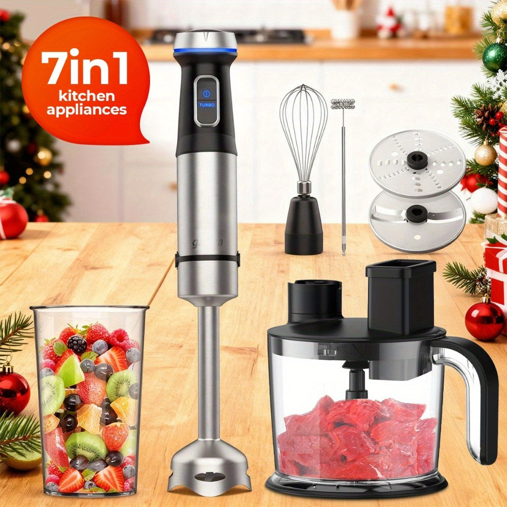 Immersion Blender 7-in-1 Hand Blender, 15-Speed & Turbo Mode, Stainless Steel Stick Blender with 50oz Food Processor, Whisk, Milk Frother & 4 More Attachments ¨C Complete Kitchen Blending Set
