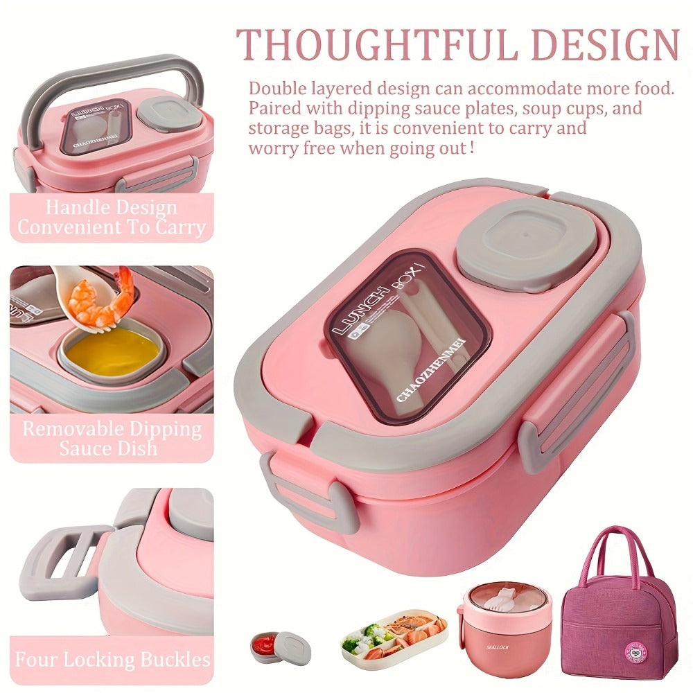 Bento Box 2-Layer with Multiple Compartments - Complete Set with Cup Bag Cutlery and Sauce Box, Microwave Safe Lunch Box for School Work and Outdoor Meals, Leak Proof Temperature Retentive Food Container Available in White Pink and Blue