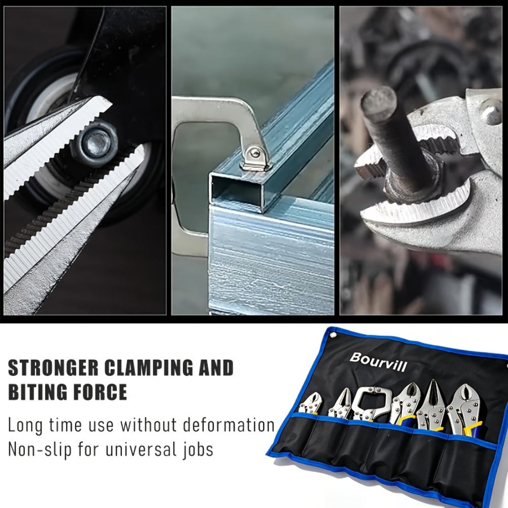 Locking Pliers Set 6pcs Heavy Duty, Includes Needle Nose Pliers 6.5¡± & 9.5¡±, Curved Jaw Locking Pliers 5¡± 7¡± 10¡±, C-Clamp L-Type Pliers with Roll Bag & Ergonomic Metal Handles for Auto, DIY & Workshop