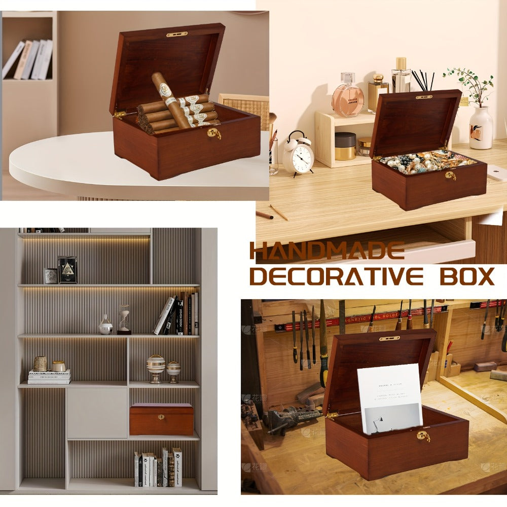 Wooden Jewelry Box with Lock Handcrafted Vintage Wood Storage Chest Hinged Lid Key Lock Multipurpose Organizer Keepsakes Home Office Decor 11x8.5x5.25 Inch