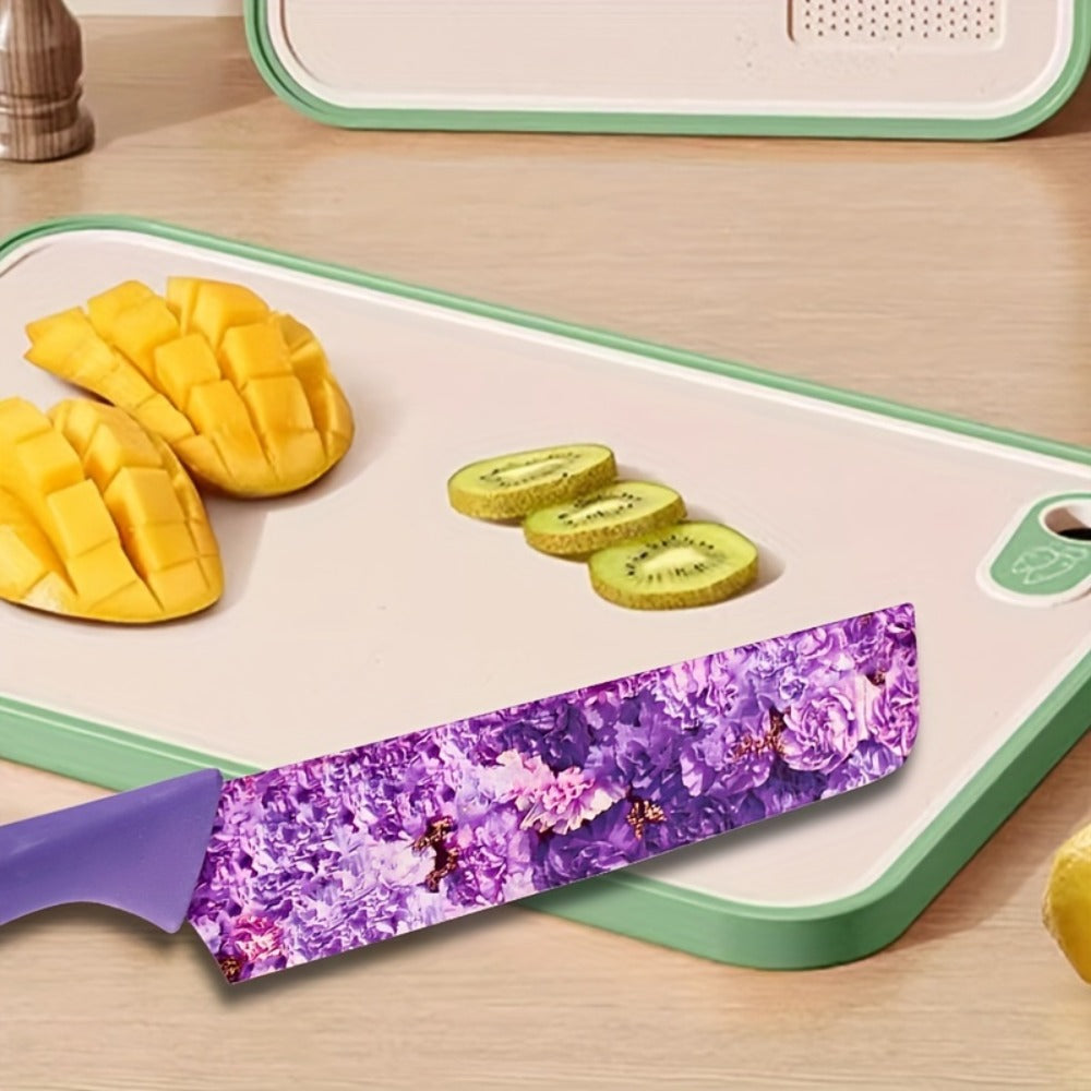 Kitchen Knife Set 6 Piece with Floral Pattern, High Carbon Stainless Steel Chef Knife Set with Ergonomic Handle, Sharp Meat Cleaver Bread Knife Scissors Peeler, Colorful Cooking Knife Gift Set for Women Men