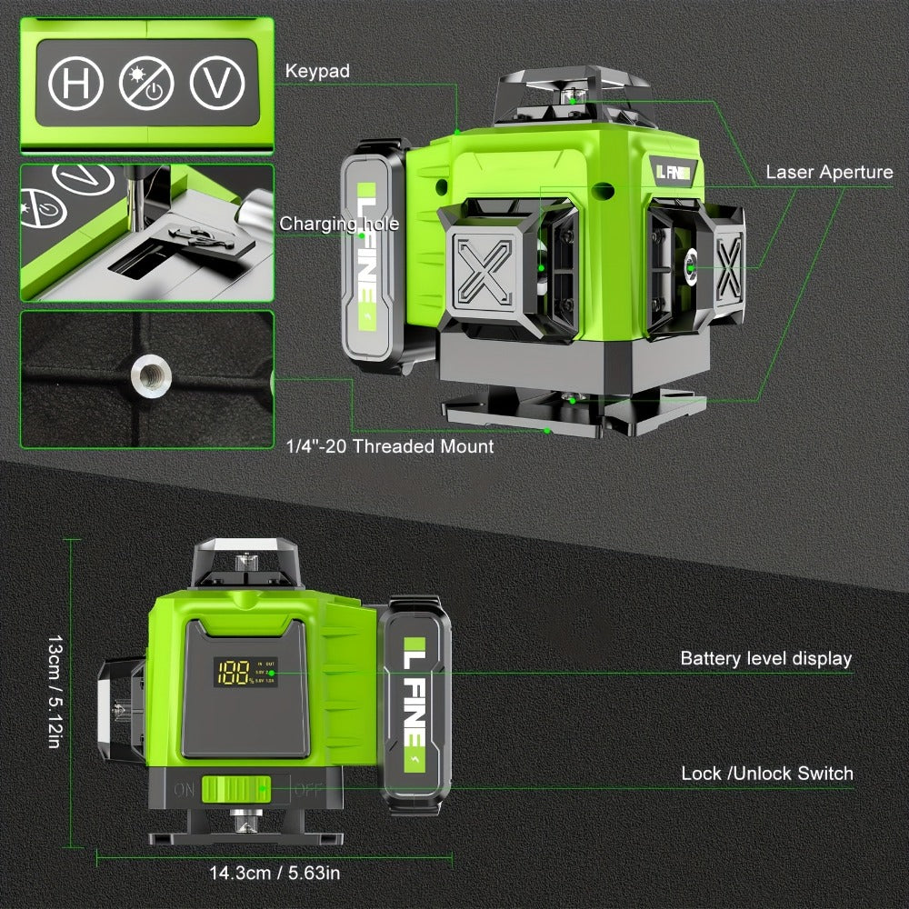 4D Laser Level 16 Line Self Leveling High Precision Cross Line Laser for Construction Renovation Tiling Flooring Alignment Fast Charging with Tripod Options