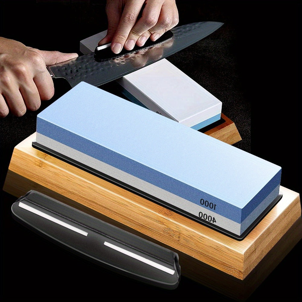 Knife Sharpening Stone 1000/4000 Grit Whetstone Set with Non-Slip Bamboo Base and Angle Guide - Dual Grit Whetstone Knife Sharpener for Kitchen Knives Chef Blades Scissors