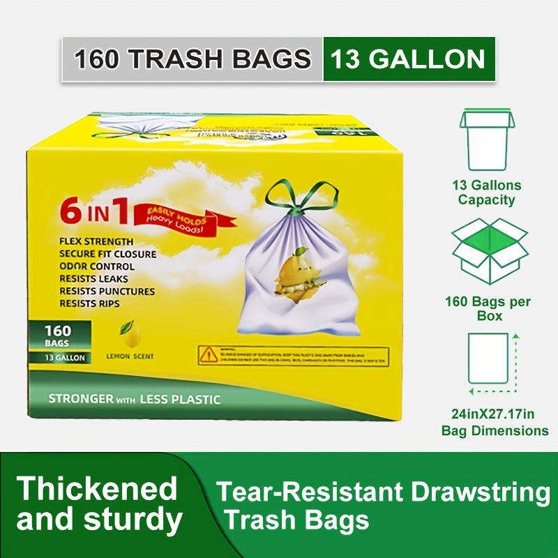 13 Gallon Trash Bags Heavy Duty Tear-Resistant Drawstring Garbage Bags with Fresh Lemon Scent Thickened Kitchen Trash Bags for Home Office Outdoor 75 Count or 160 Count Disposable Waste Bags