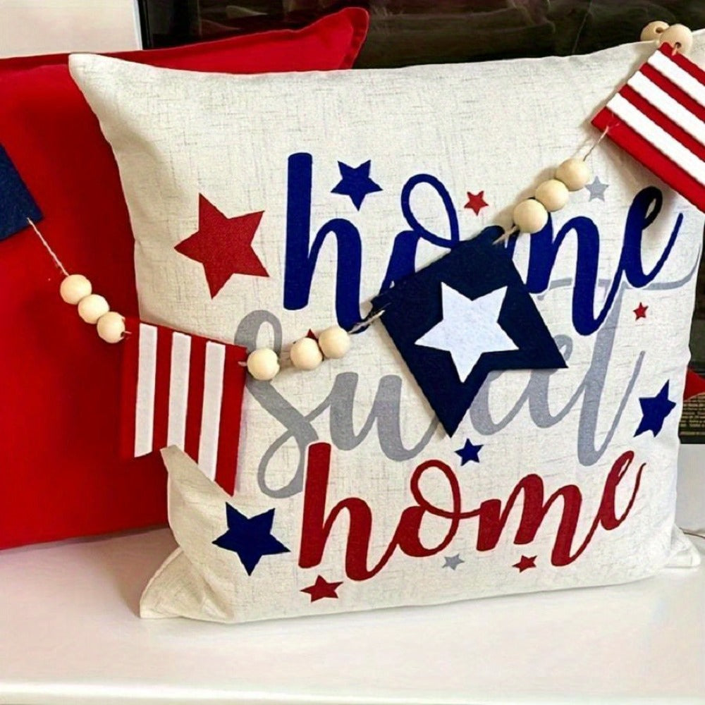 Patriotic Bunting Flags with Wood Bead Garland - 4th of July Red White Blue Hanging Banner Decor for Independence Day Party, Fireplace Mantle & Home Wall