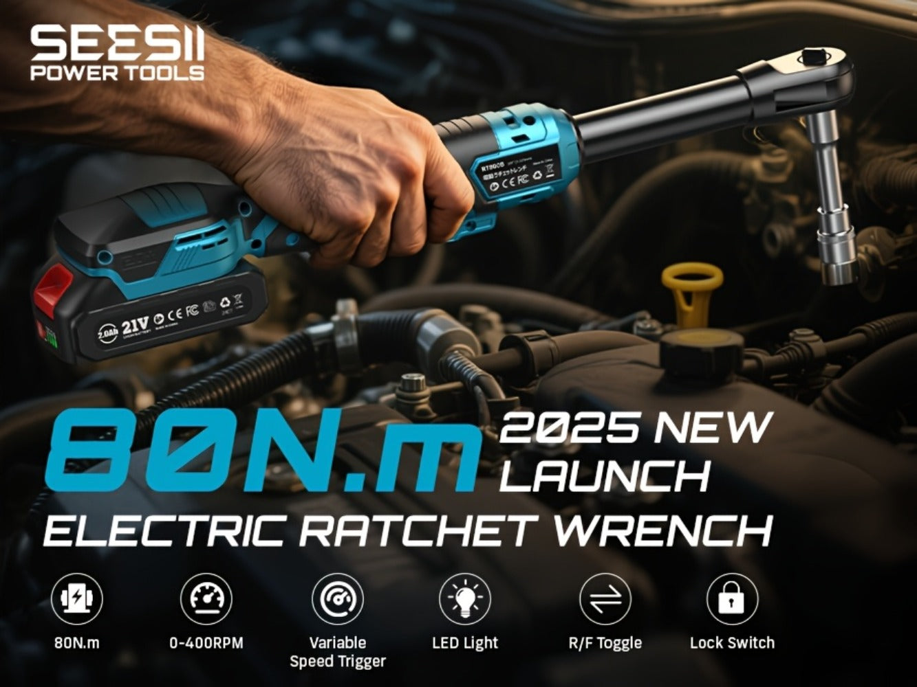 21V Power Ratchet Wrench Set 3/8'' Drive, 59 Ft-lbs 400 RPM Cordless Electric Ratchet, Variable Speed Trigger, 2x 2.0Ah Batteries & Charger, 8 Sockets, 3'' Extension Bar, 1/4'' & 1/2'' Adapter Included