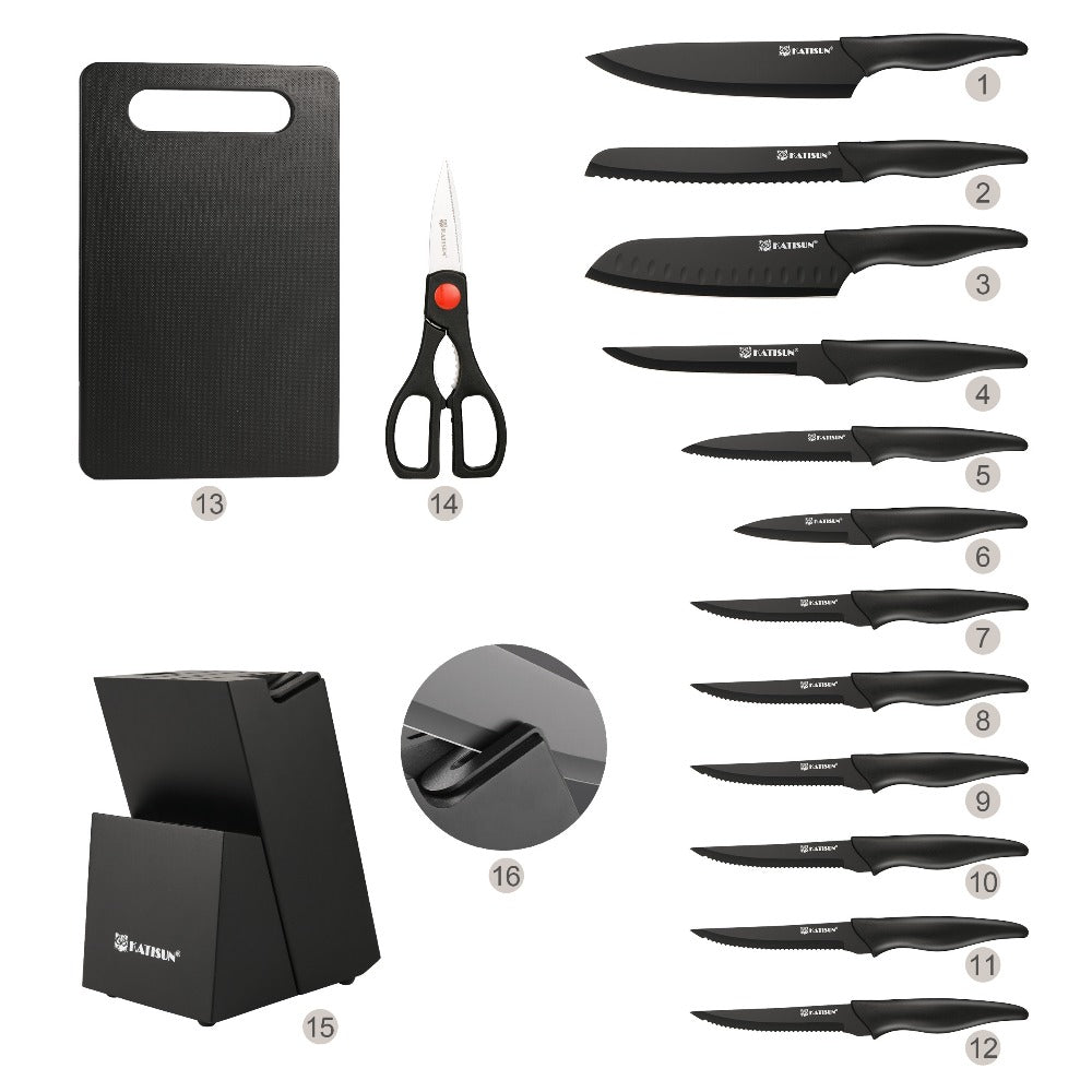 Kitchen Knife Set 15 Piece Professional Chef Knife Set with Wooden Block Non-Slip ABS Handle Cutting Board Kitchen Shears Black Coded Knives for Home Restaurant