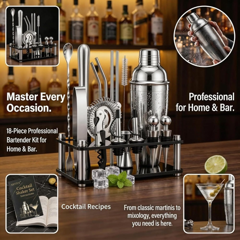 Bartender Kit 18-Piece with Acrylic Stand, 18/8 Stainless Steel Bar Set, Martini Shaker, Jigger, Muddler & Recipe Book ¨C Complete Home Bar Tool Set