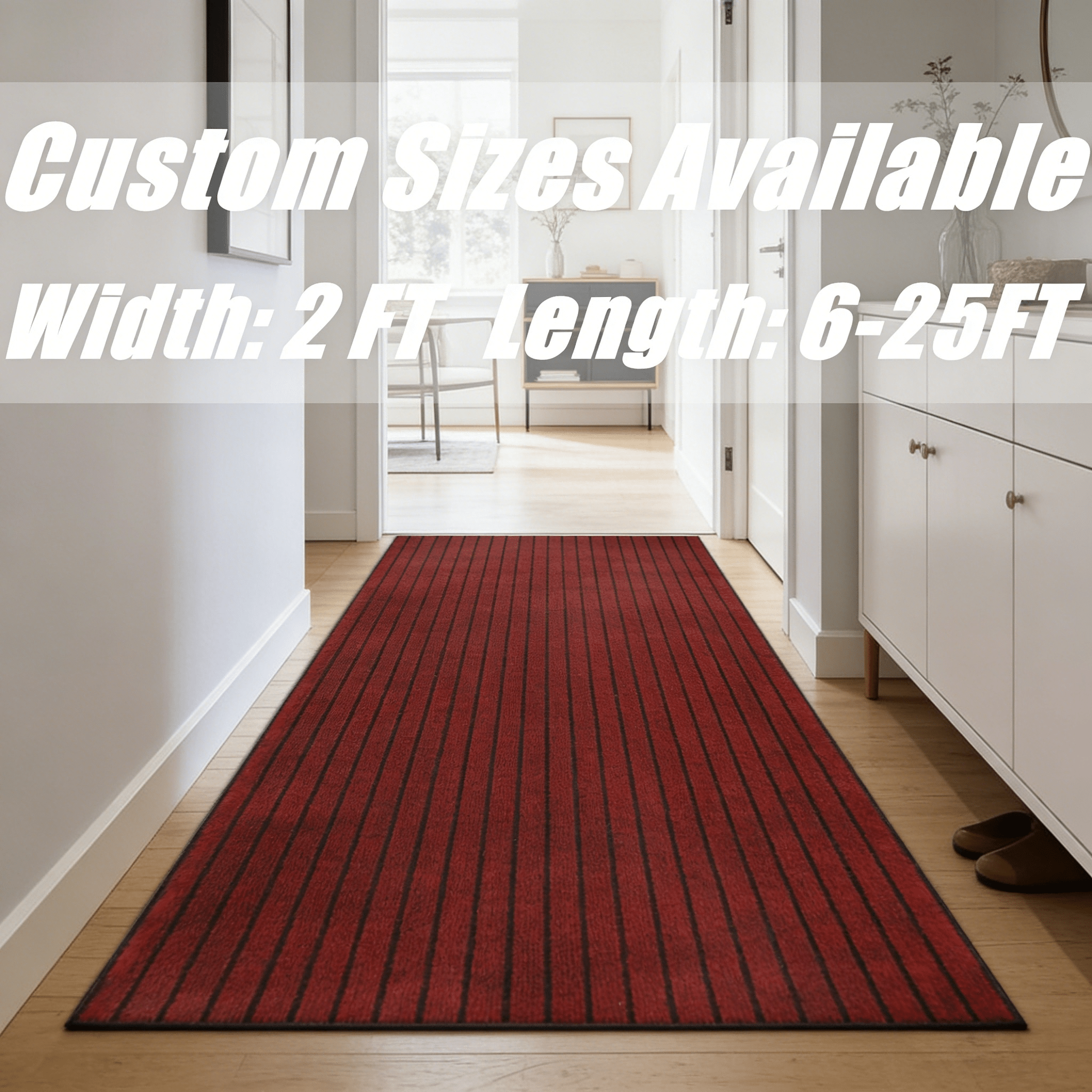 Runner Rug Non-Slip Rubber Backing Indoor Outdoor Hallway Kitchen Entryway Bedroom Carpet Runner Stain Resistant Low Pile Easy Clean Multiple Sizes 2FT Wide 8 Colors Grid Strip