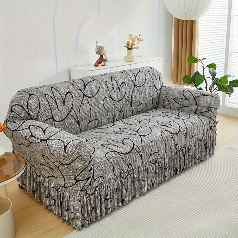Printed Sofa Cover with Skirt Elastic Four Seasons Universal Furniture Protective Slipcover for Bedroom Office Living Room - 1 2 3 4 Seater Gray