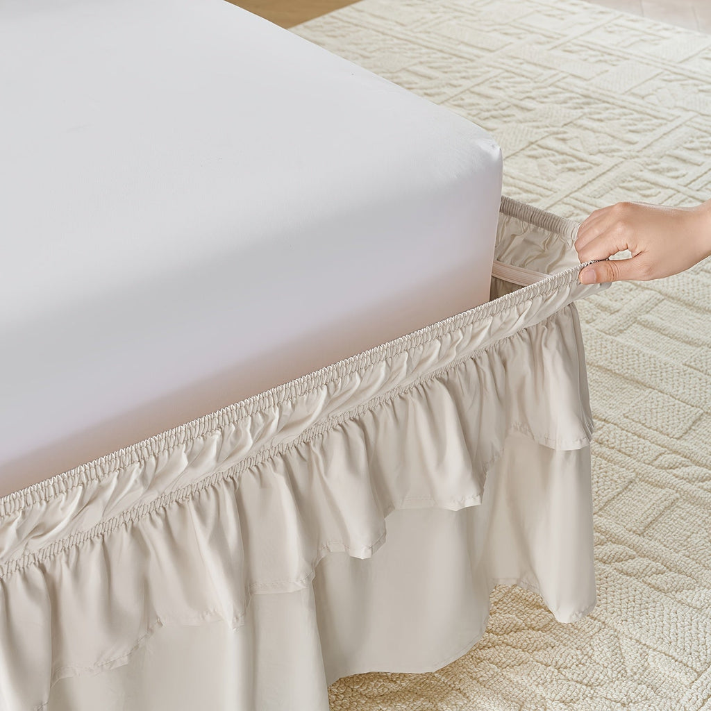 Double Ruffle Bed Skirt 16¡± Drop | Elastic Wrap Around Dust Ruffle for Twin Full Queen King Bed | Easy Install Machine Washable Soft Linen Poly Blend Bedskirt