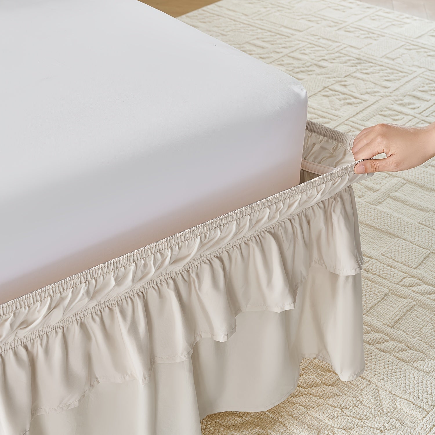 Double Ruffle Bed Skirt 16¡± Drop | Elastic Wrap Around Dust Ruffle for Twin Full Queen King Bed | Easy Install Machine Washable Soft Linen Poly Blend Bedskirt