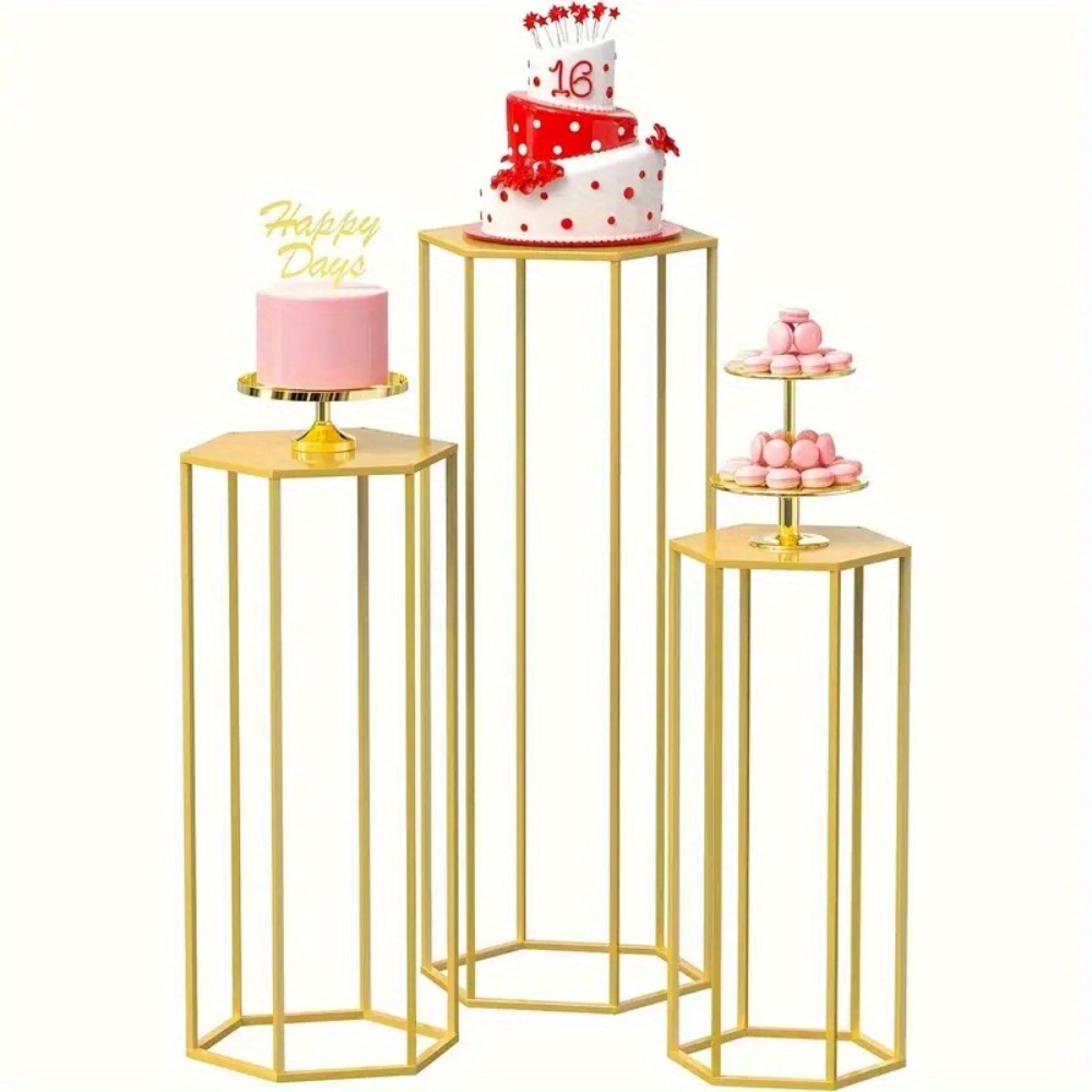 Golden Cake Stand & Pedestal Stand Set - Metal Cylinder Hexagon Display Stand for Wedding, Party & Home Decor