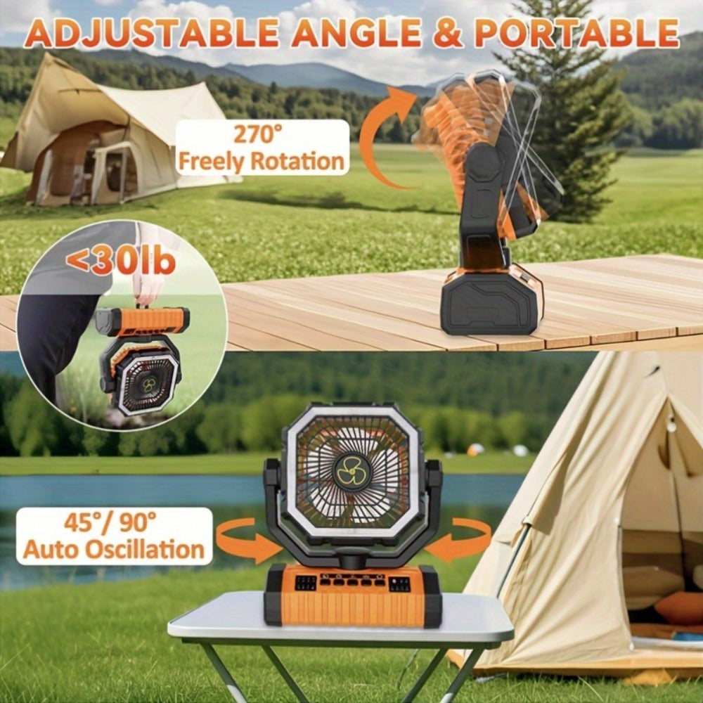 Camping Fan 20000mAh with Built-In LED Light, USB Rechargeable Portable Outdoor Fan with Sturdy Handle, Rugged Compact Design for Tent, Hiking, Fishing, Backpacking and Emergency Power Outage