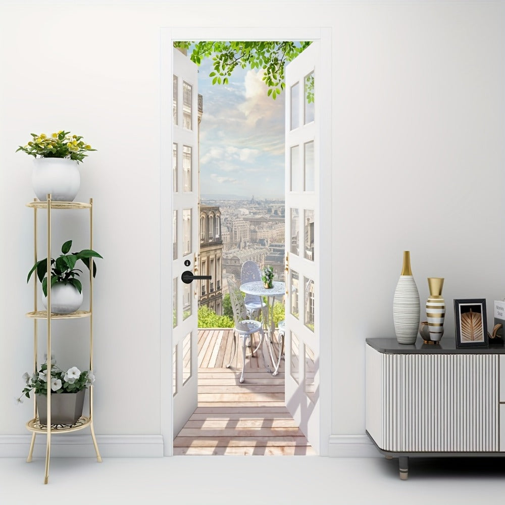 Door Sticker Balcony Scenery Wall Mural ¨C Removable Waterproof Peel & Stick Large Wall Art for Bedroom & Living Room, Faux Window View Home Decor, 35.43 x 78.74 Inches