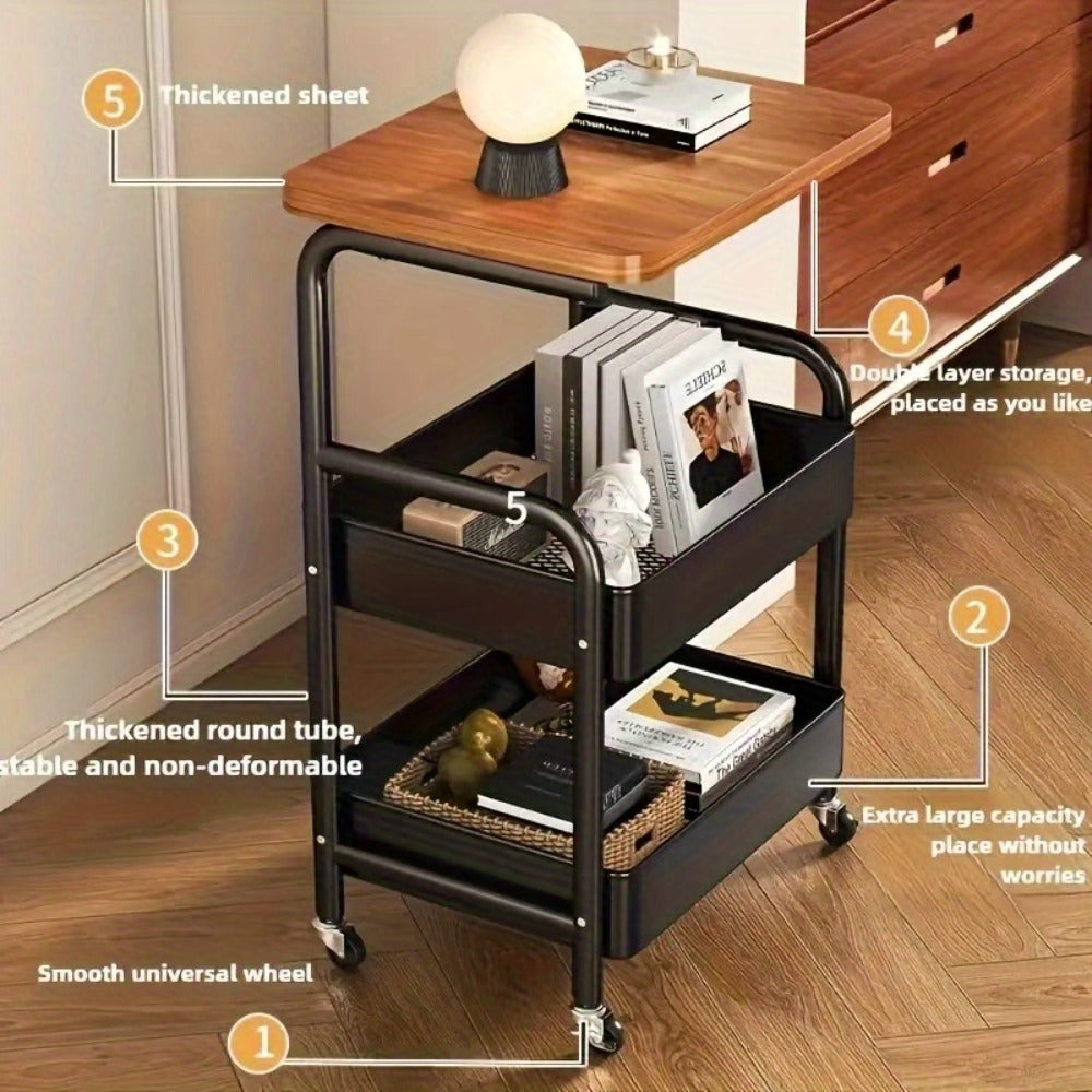 Storage Trolley with Wheels 3-Tier Wooden Tabletop Rolling Cart - Reinforced Black Metal Frame, Locking Casters, Multi-Use Organizer for Kitchen, Office, Bedroom & Living Room, Easy Assembly Printer Stand