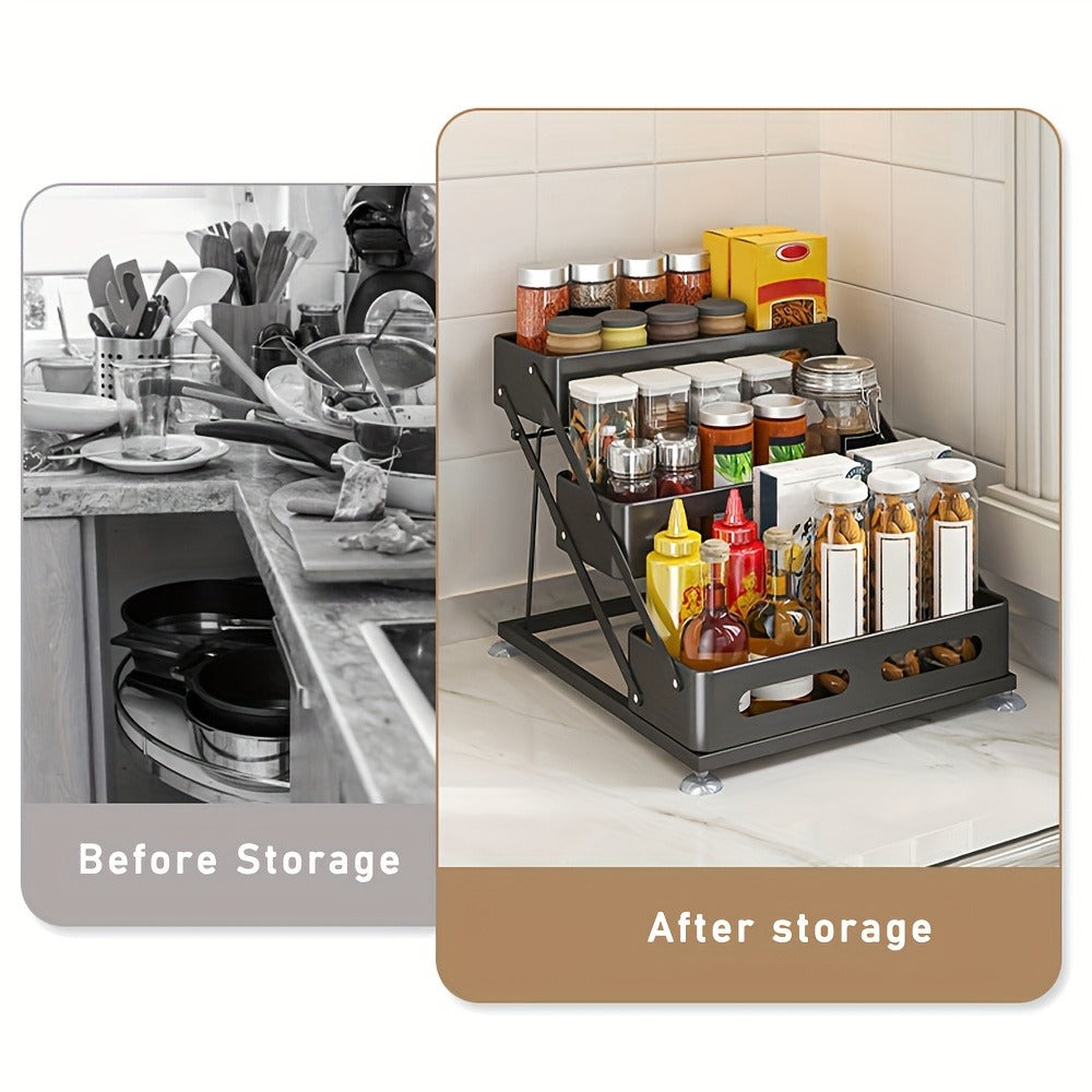3-Tier Foldable Spice Rack Organizer with Safety Rails - Space-Saving Countertop & Cabinet Storage for Kitchen Pantry, Durable Metal Finish, Sturdy Construction