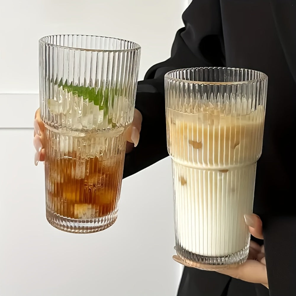 Vintage Striped Drinking Glasses with Glass Straws ¨C 19oz High Borosilicate Iced Coffee Cups Set for Juice, Smoothies & Parties, Thick & Durable Glassware Gift Set (2 or 4 Pack)