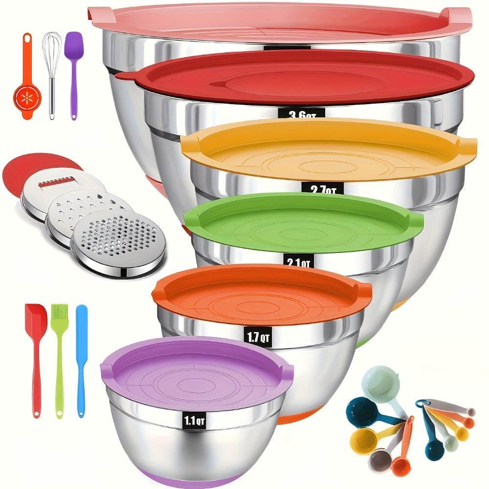 Stainless Steel Mixing Bowl Set 26pcs with 6 Bowls 20 Kitchen Tools Anti-Slip Bottom Multiple Sizes for Baking Cooking Meal Prep Storage