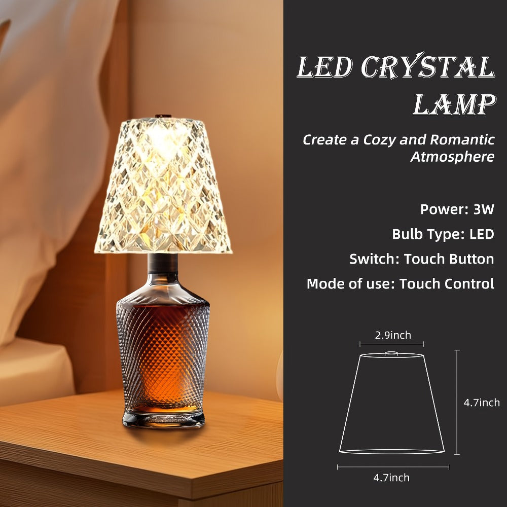 Wireless Wine Bottle Lamp ¨C USB Rechargeable Acrylic Crystal Shade, 3-Color Touch Control Smooth Dimming, 2000mAh Cordless Bottle Light for Bar Decor, Home, Kitchen, Party & Table Ambiance (1pc / 2pcs)