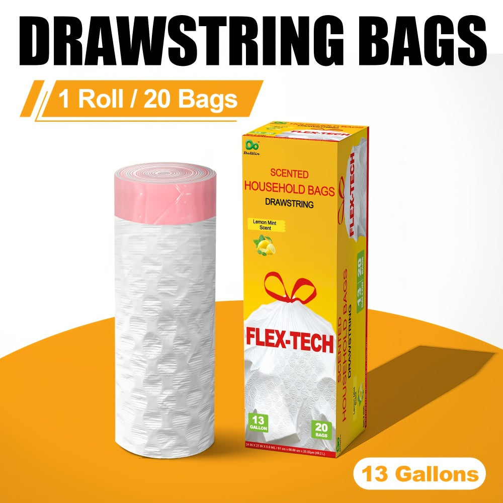 13 Gallon Trash Bags Drawstring Expandable Puncture Tear Resistant Leak-Proof Deodorizing Fresh Lemon Scent Super Durable Kitchen Garbage Bags for Kitchen Garden Large Trash Bins White 20 55 110 165 Count