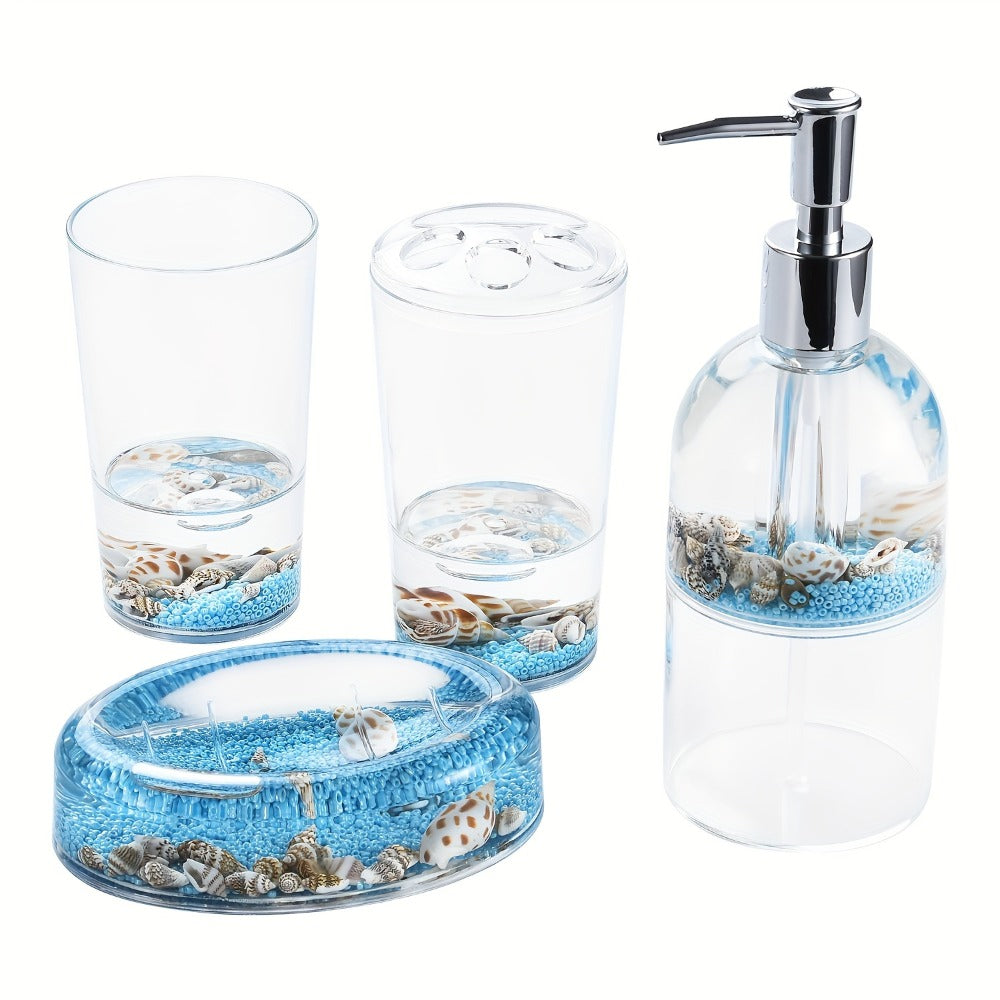 Bathroom Accessory Set 4-Piece 3D Floating Motion Acrylic Liquid Vanity Kit - Tumbler, Toothbrush Holder, Soap Dispenser & Soap Dish, Handcrafted Shell & Leaf Decor, Ocean Dolphin Conch Leaf Styles