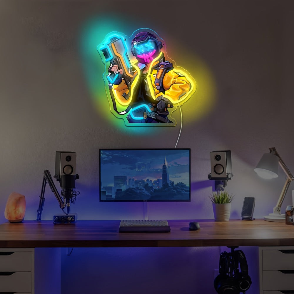 Neon Marksman LED Wall Art - UV Printed USB Powered Sniper Shooter Neon Sign for Game Room, Bar, Man Cave & Bedroom Wall Decor (Colorful / Yellow Sharpshooter)