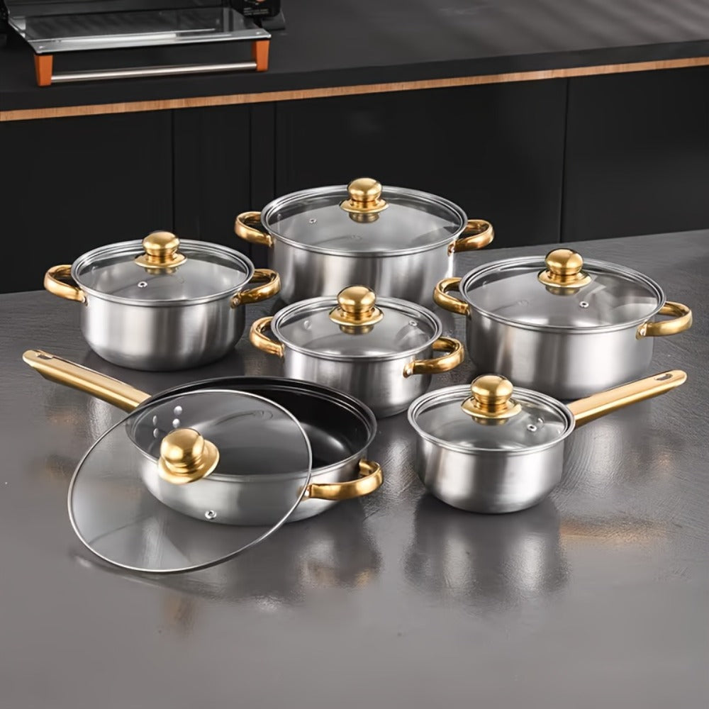 304 Stainless Steel Cookware Set with Golden Handles, 1/10/15pcs Deep Thick Soup Pot & Pan Set for Induction & Gas Stoves, Outdoor Camping & Kitchen Cooking, Pink, Silver & Orange