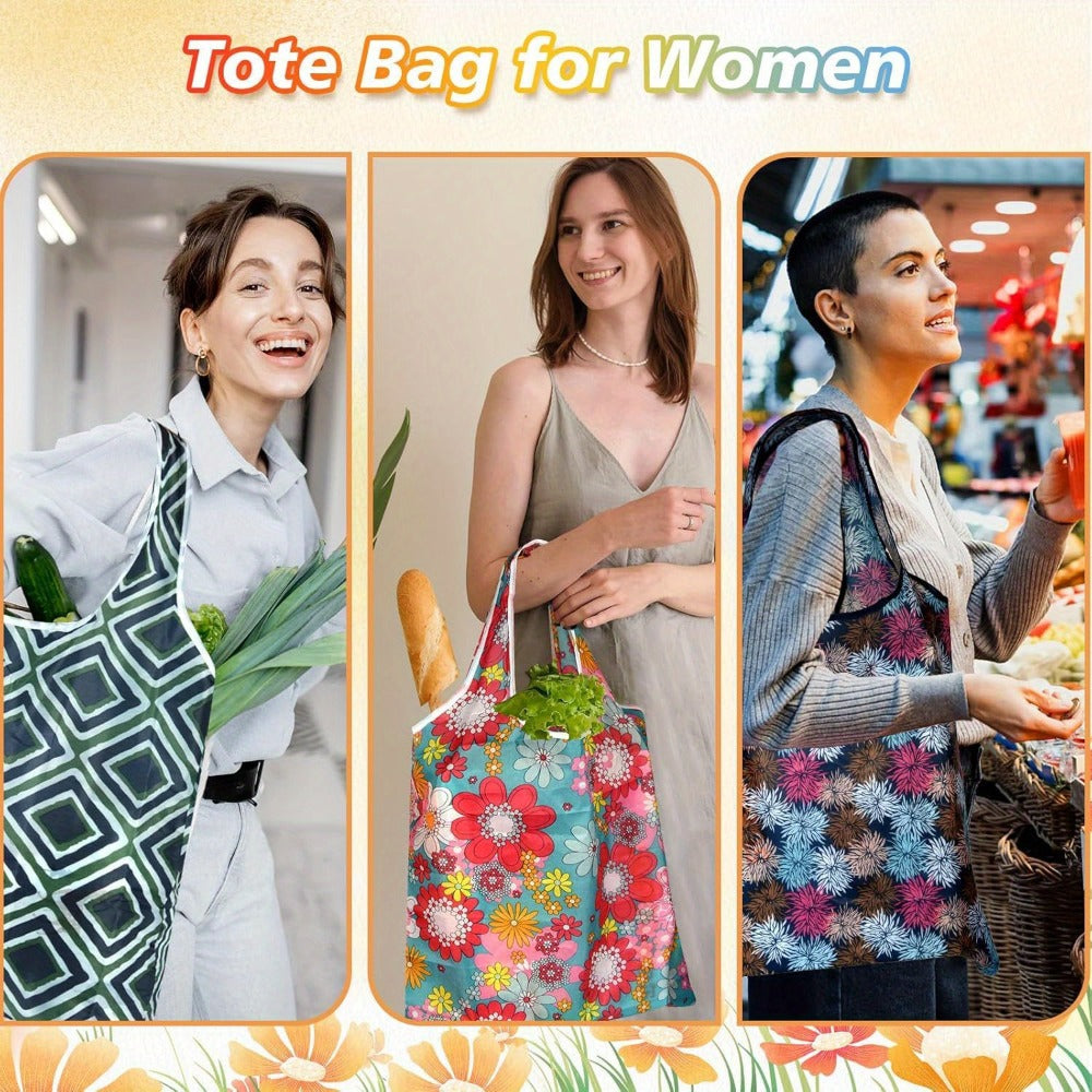 Reusable Grocery Bags Foldable Nylon Tote Bags Waterproof Washable Eco-Friendly Shopping Bag Set with Cute Floral Stripe Polka Dot Leopard Print 18/36pcs