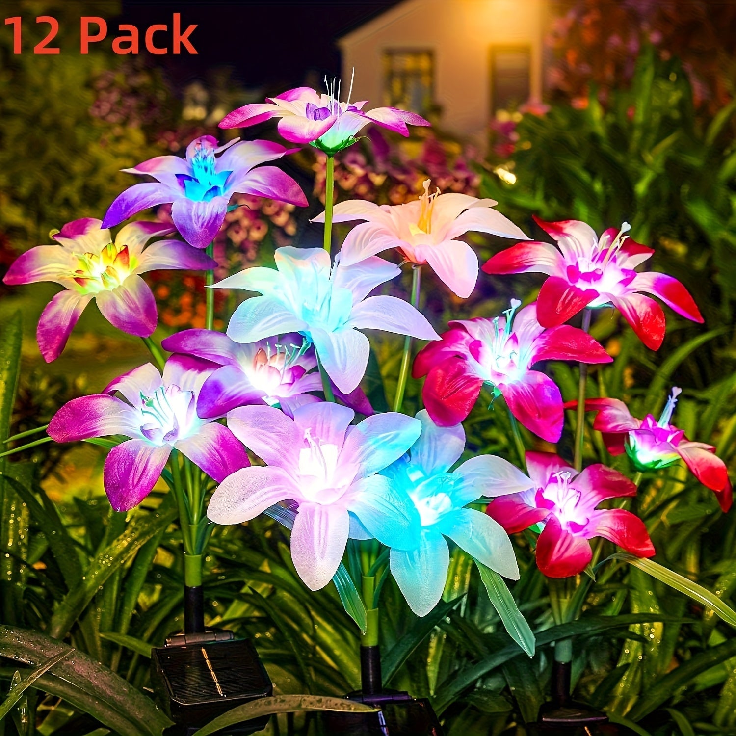 Solar Garden Lights Blooming Lily Flower | 7 Color Changing LED | Waterproof Outdoor Solar Stake Lights | Yard Patio Pathway Gravestone Decor | 2 4 12 Pack Solar Flower Lights