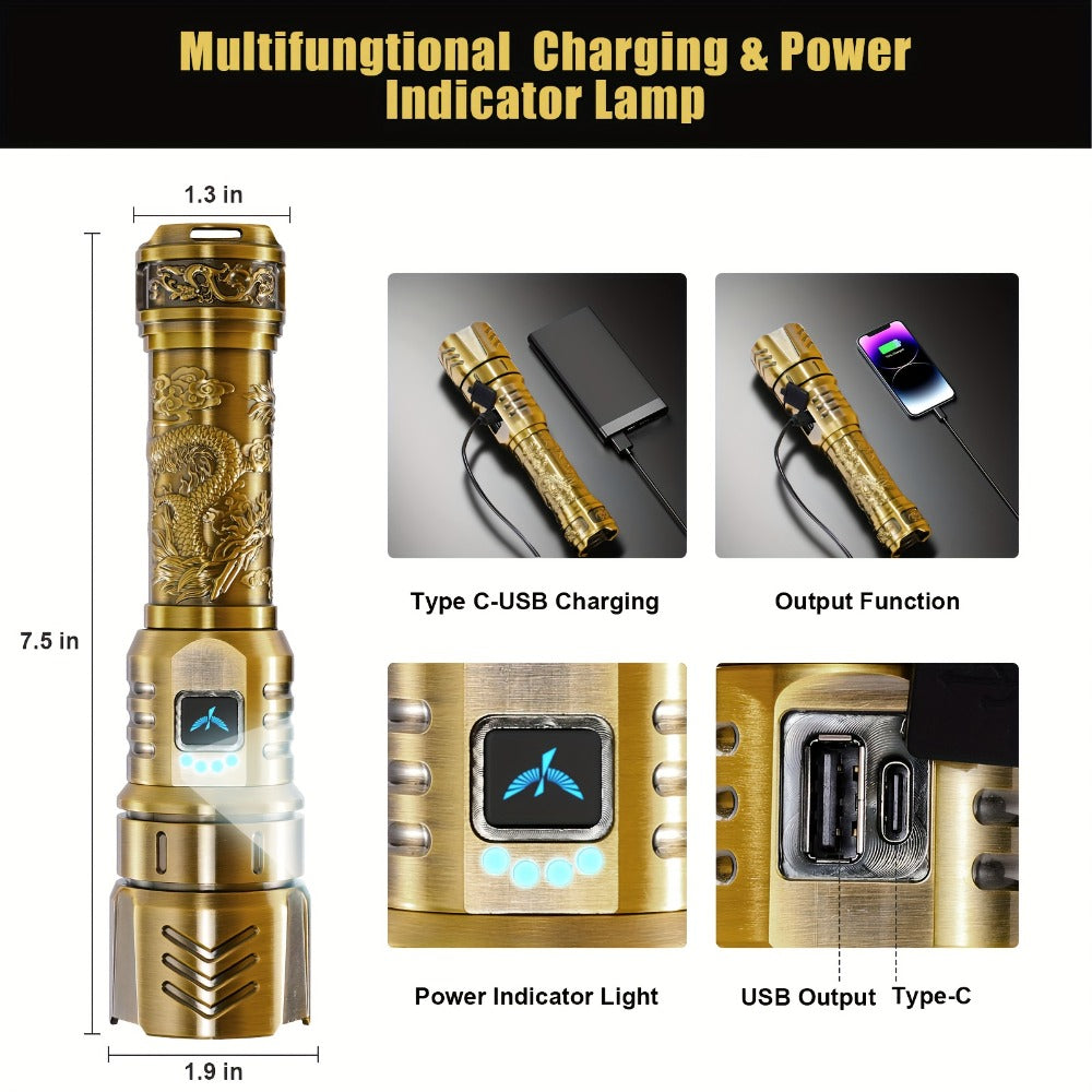 Tactical LED Flashlight 5000mAh Rechargeable Zoomable with Ignition Lens ¨C 4 Modes High Brightness Golden Dragon Pattern Spotlight for Camping Outdoor Hiking Emergency Household Use
