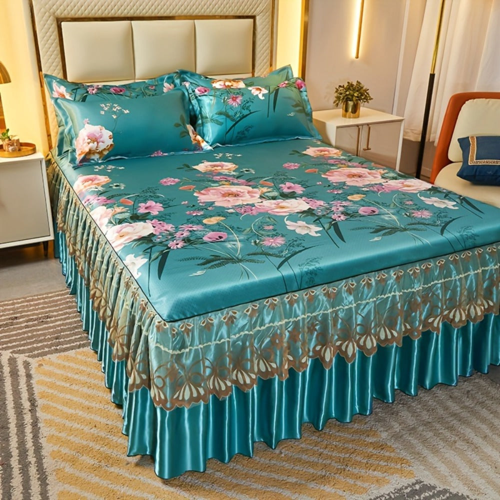Floral Ruffle Bed Skirt Cool Mat 3 Piece Set with Pillowcase, Double Layer 360¡ã Full Wrap Washable Cooling Mattress Cover, Breathable Summer Bedding Set for Twin Full Queen King, Parisian Romantic Floral