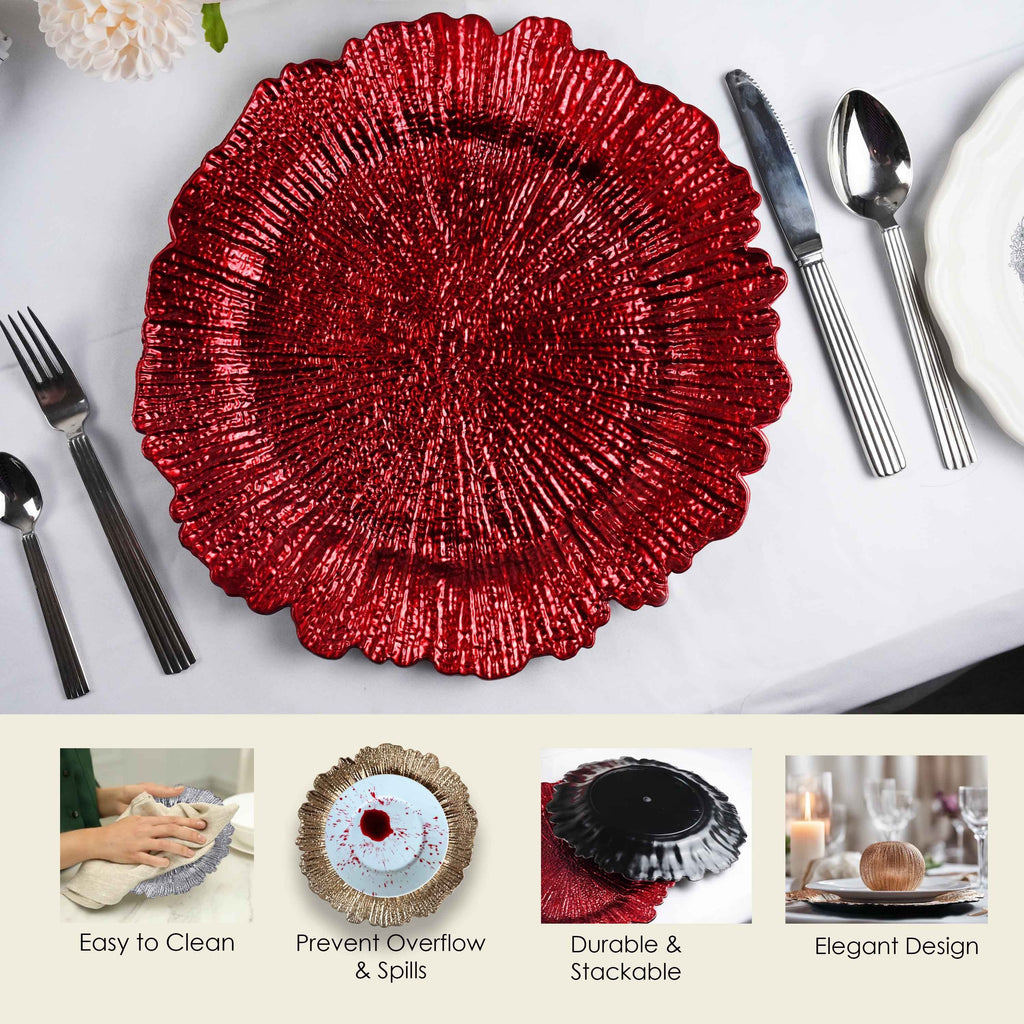 Charger Plates 13 Inch Set of 24 ¨C Floral Reef Design Decorative Dinner Plate Chargers for Wedding Table Setting Party Banquet Reception Decor Silver Rose Gold Red