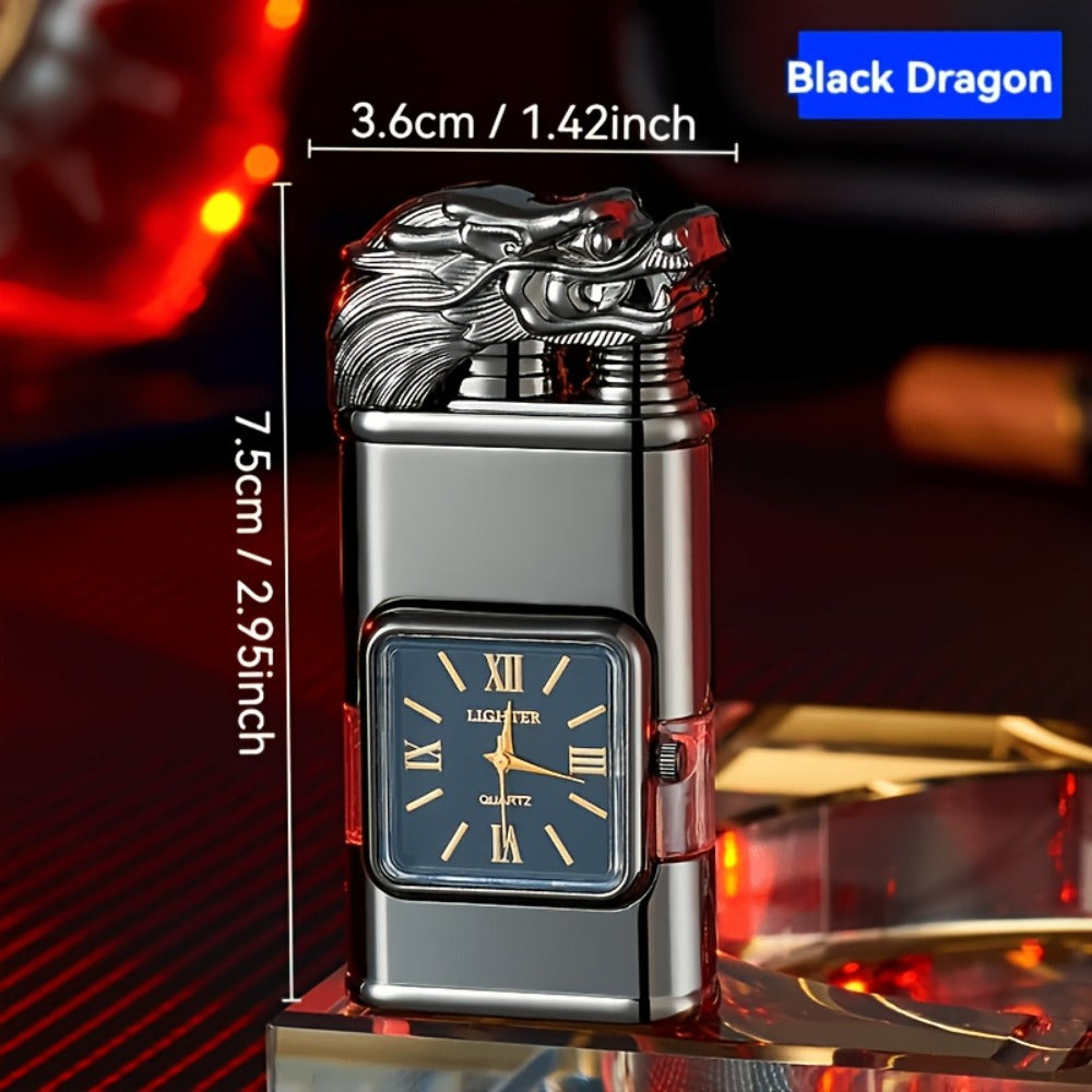 Double Flame Torch Lighter for Men ¨C Windproof Refillable Butane Lighter with Vintage Quartz Dial, Zinc Alloy Body, Gift Box Included, Outdoor Camping BBQ Survival, Unique Engraved Style (Butane Not Included)