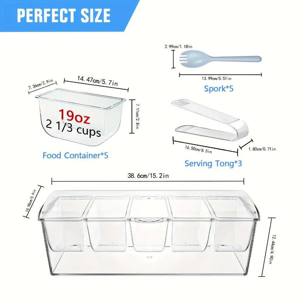 Bar Serving Tray on Ice with 5 Compartments & Lid ¨C Garnish Condiment Platter with 5 Forks & 3 Pliers, Clear Fruit Tray for Bar, Party & Entertaining