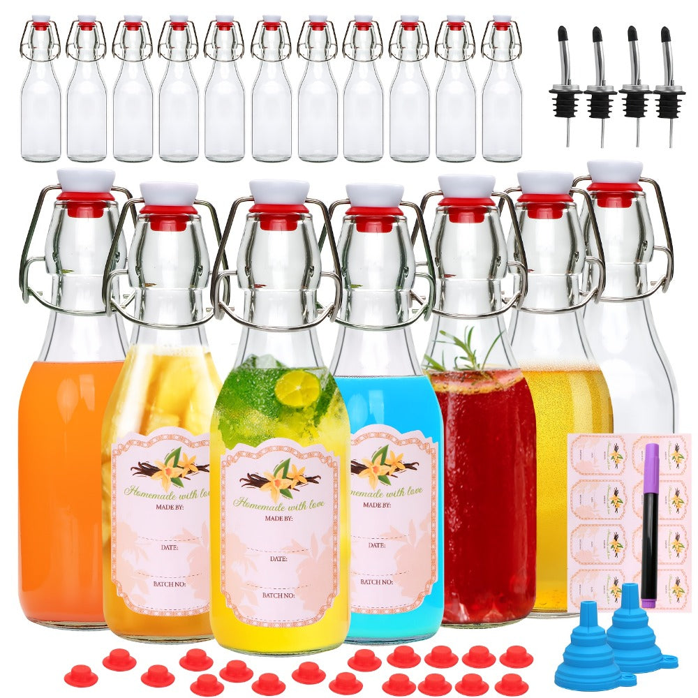 Glass Swing Top Bottles 8.45oz ¨C Round Iron Clasp Airtight Bottle Set with Funnel for Juice, Kombucha, Syrup & Oil Storage, Reusable Flip Cap Glass Bottles (6, 9, 12 or 18 Pack)