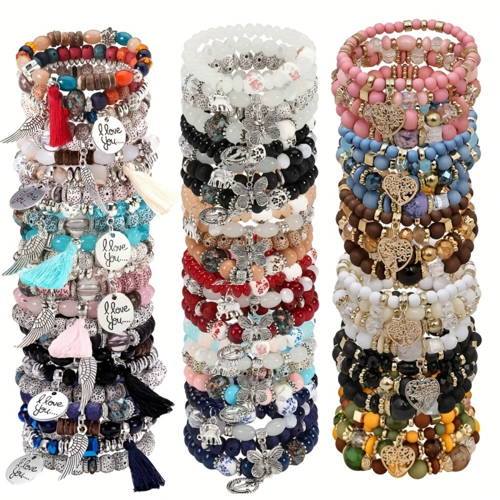 Bohemian Beaded Bracelet Set 24pcs ¨C Multi-Layer Wooden Bead Elastic Bracelets with Butterfly Elephant Tree Pendant, Handmade Colorful Tassel Wristbands for Women Men, Party Gift & Daily Wear