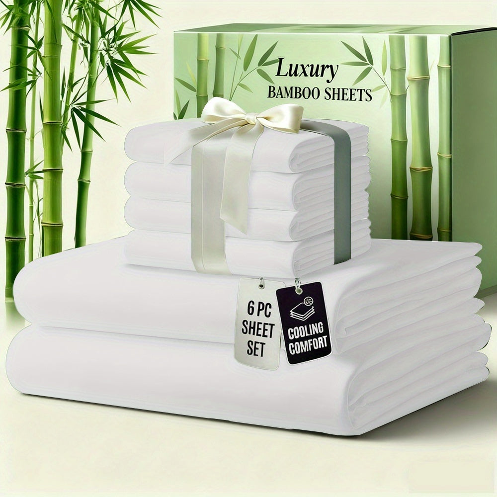 Bamboo Bed Sheet Set 6-Piece Cooling Soft Bedding with Deep Pocket Fitted Sheet - Viscose Derived from Bamboo Sheets Twin Full Queen King Size Breathable Wrinkle-Resistant Luxury Bedding Set