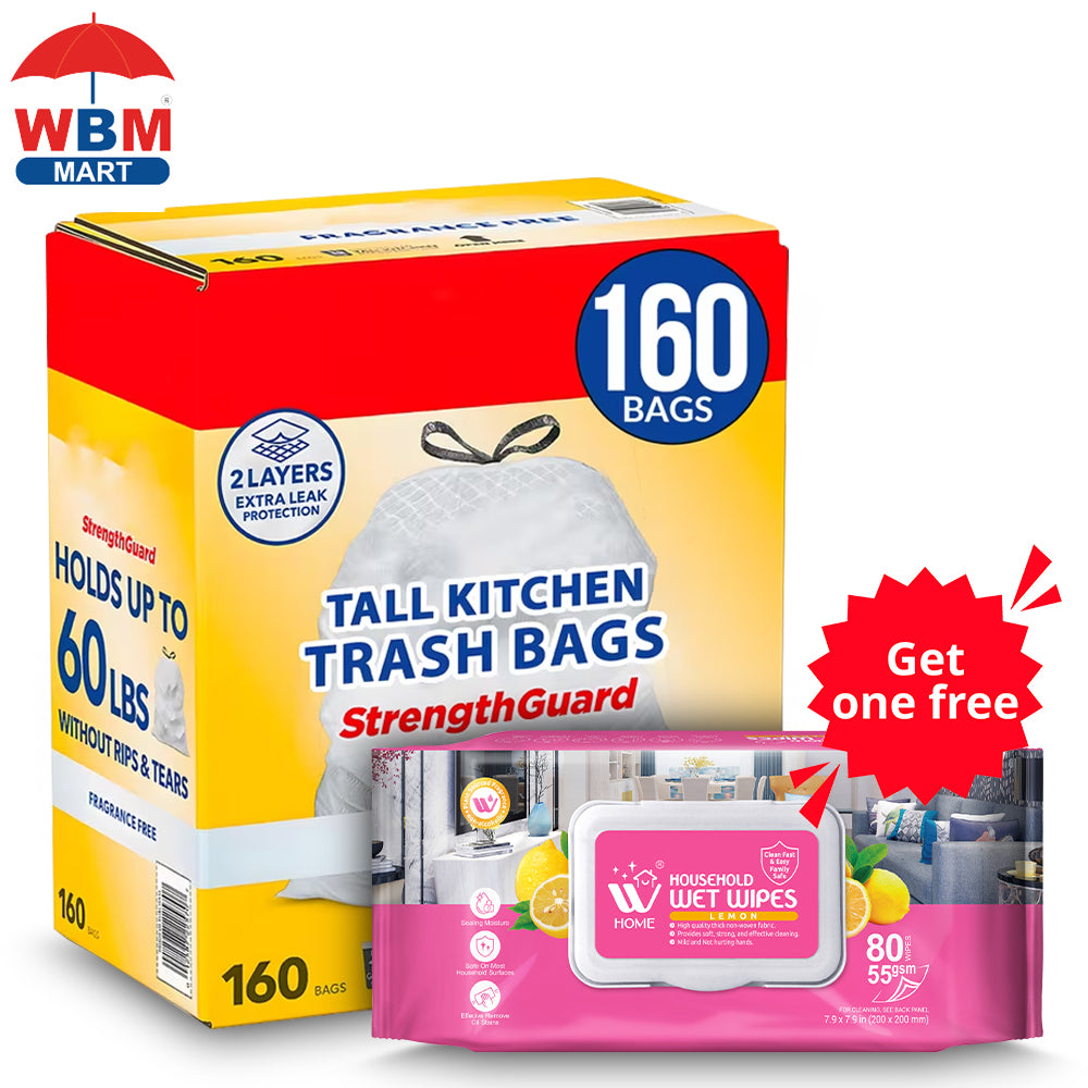 13 Gallon Kitchen Trash Bags 160 Count - Drawstring Tall Kitchen Garbage Bags Fragrance Free Leak Proof Heavy Duty
