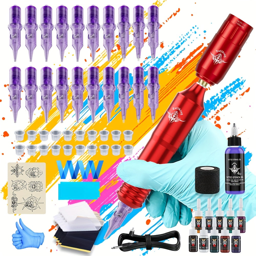 Rotary Tattoo Machine Kit 67pcs ¨C Complete Wireless Tattoo Pen Set with Cartridge Needles, Power Supply, Practice Skin, Inks & Transfer Paper for Beginners & Artists