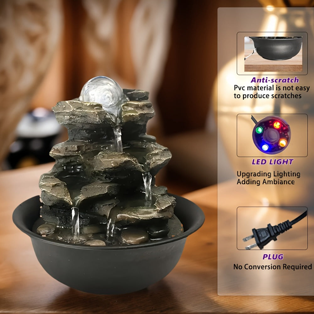 Indoor Tabletop Fountain with LED Lights ¨C Crystal Ball Rolling Waterfall Desktop Zen Fountain Humidifier for Living Room Office Bedroom