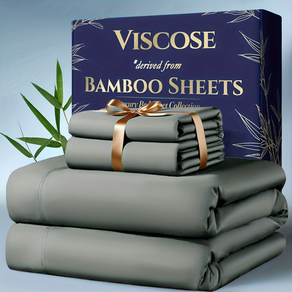 Bamboo Cooling Bedding Set 4pcs - Deep Pocket Fitted Sheet, Flat Sheet & Pillowcases for Hot Sleepers, Breathable Soft Viscose Sheets Twin Full Queen King